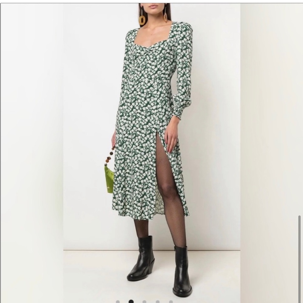 Reformation Green and White Floral Square-Neck Midi Dress with Side Slit